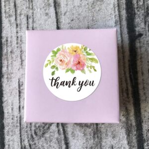 Mr.Mug Floral Thank You Stickers, 2" Round, 50 Pink & Green Labels Paper, Permanent Adhesive, for Small Business Owners, Wedding, Birthday Party Favors, Gift Box