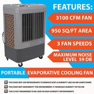 Hessaire MC37M Portable Evaporative Cooling Fan for Indoor/Outdoor High Temperature Low Humidity Environments, 3100 CFM, 950 sq. ft., 3-Speed Fan, 120V, 59 dB, Gray