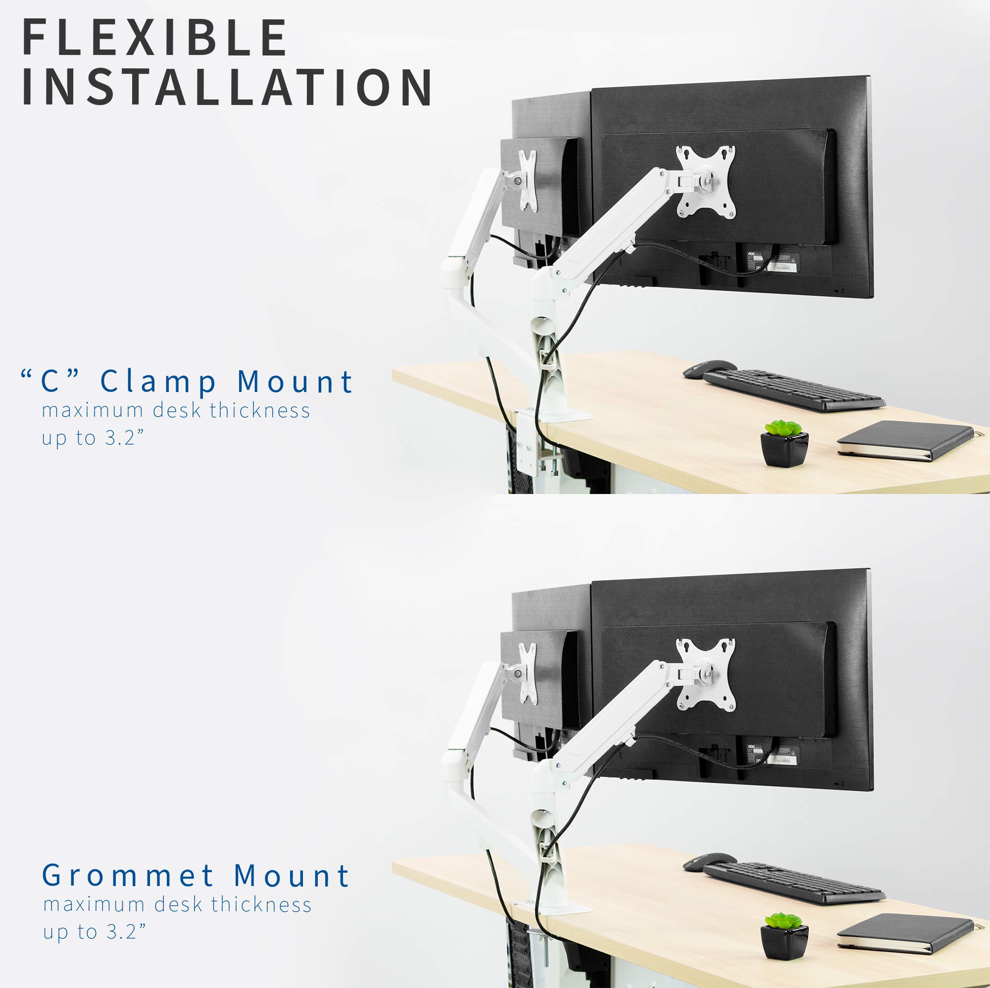 VIVO Articulating Dual 17 to 27 inch Pneumatic Spring Arm Clamp-on Desk Mount Stand, Fits 2 Monitor Screens with Max VESA 100x100, White, STAND-V102OW