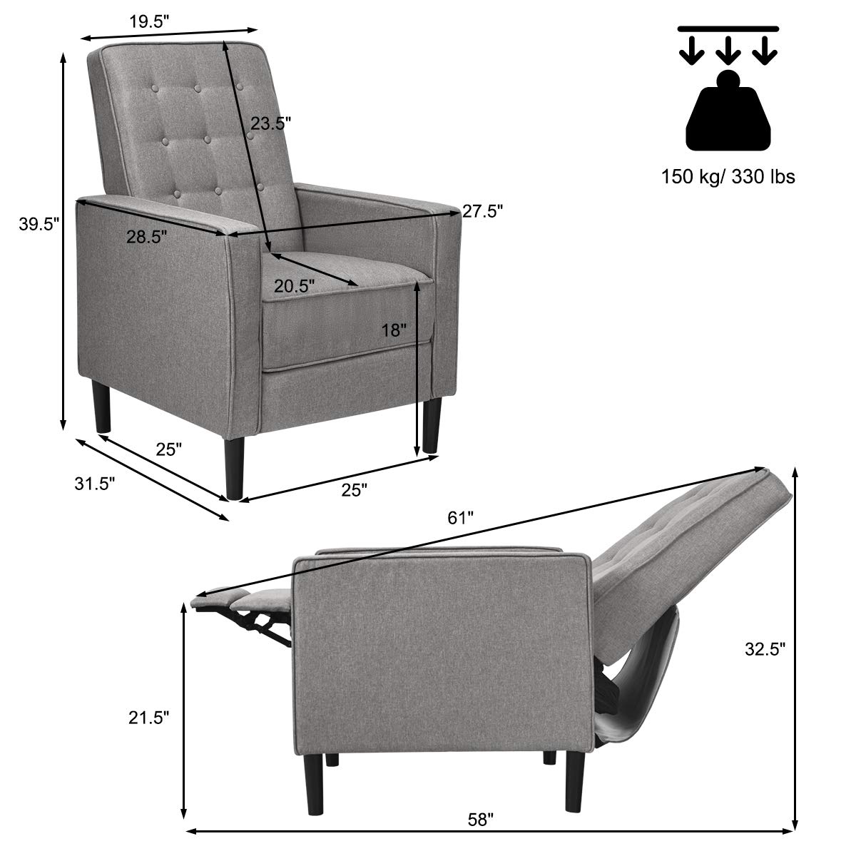 Giantex Set of 2 Push Back Recliner Chair, Modern Fabric Recliner w/Button-Tufted Back, Accent Arm Chair for Living Room, Bedroom, Home Office (Grey)