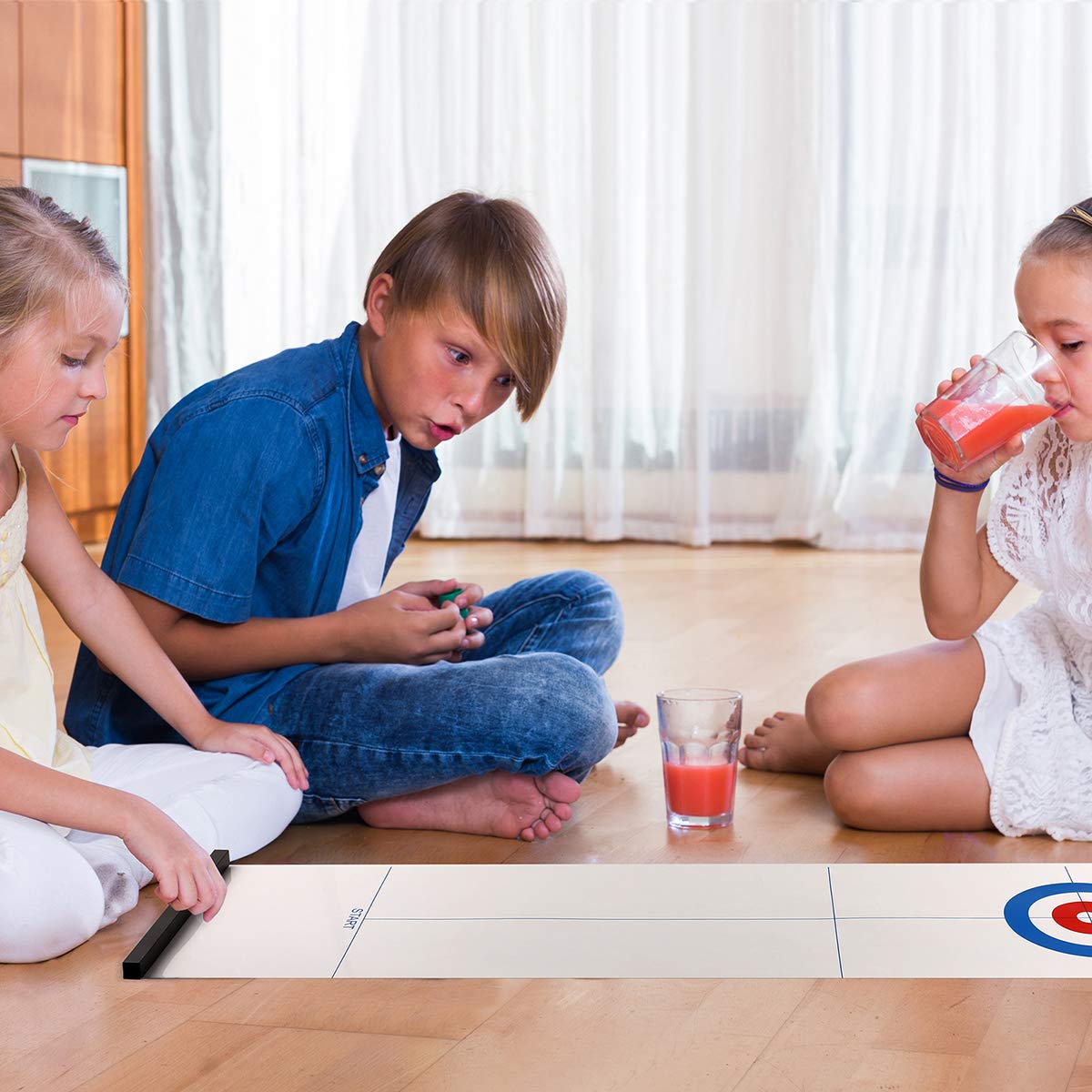 Yobbi Tabletop Curling Game for Kids, Adults & Family. Fun Indoor Sports Game for Everyone. Come with 8+2 Tabletop Curling Stones. Easy to Set Up, Play&Portable. Red & Blue Stones