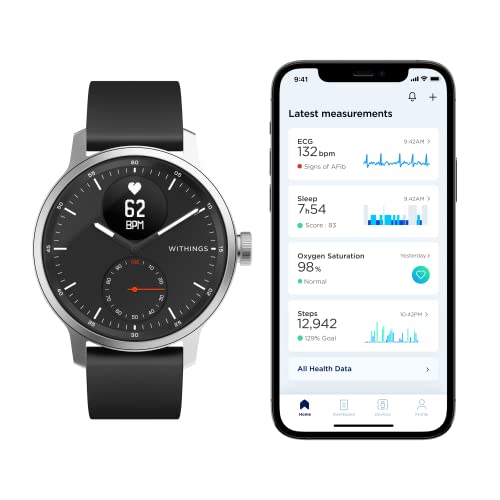 Withings Scanwatch - Smart watch & Activity Tracker: Heart Monitor, Sleep Tracker, Smart Notifications, Step Counter, Waterproof with 30-Day Battery Life, Android & apple smart phone compatible, GPS