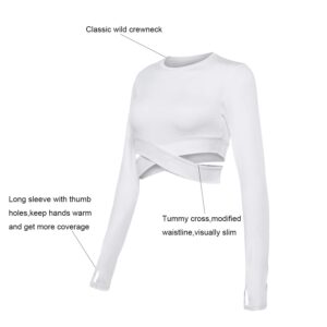 DREAM SLIM Women Long Sleeve Crop Tops Tummy Cross Crewneck Yoga Running Shirts Gym Workout Crop Tops with Thumb Holes (White Long, M)