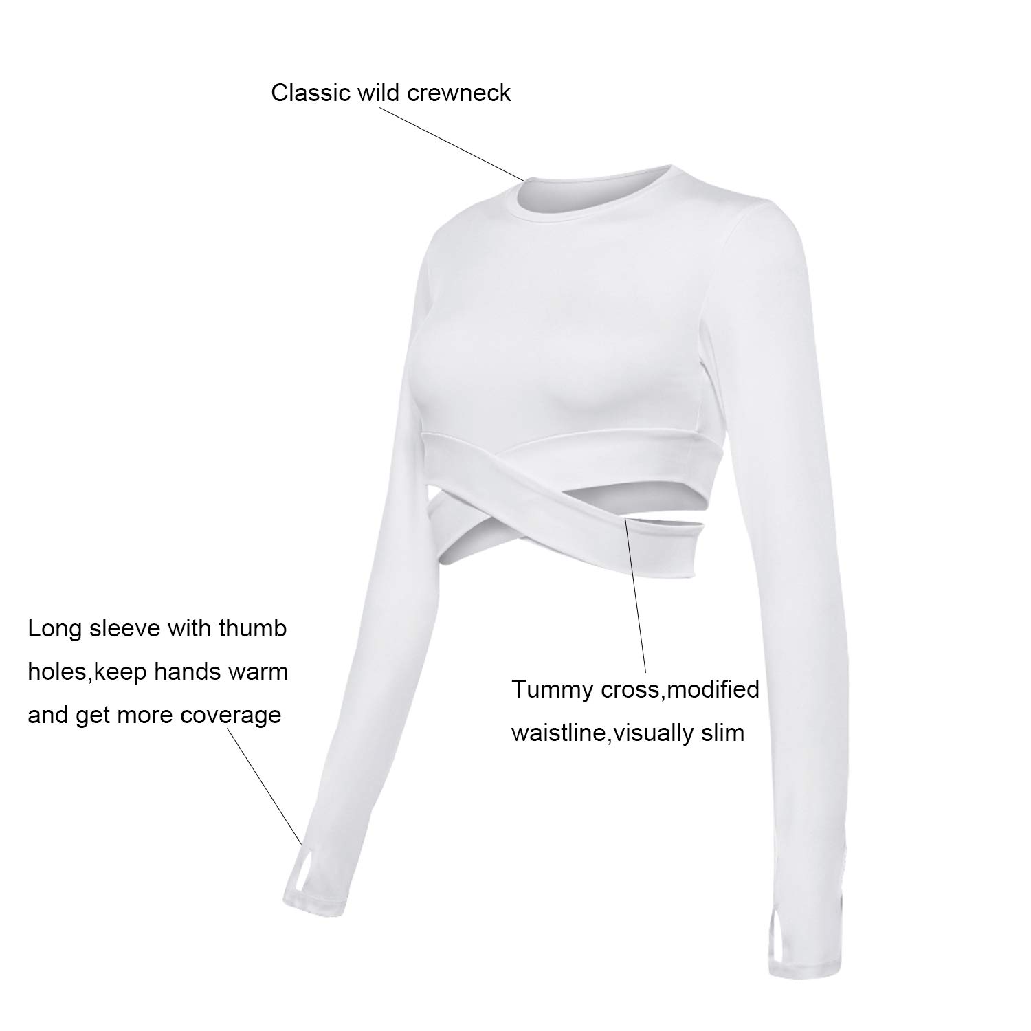 DREAM SLIM Women Long Sleeve Crop Tops Tummy Cross Crewneck Yoga Running Shirts Gym Workout Crop Tops with Thumb Holes (White Long, M)