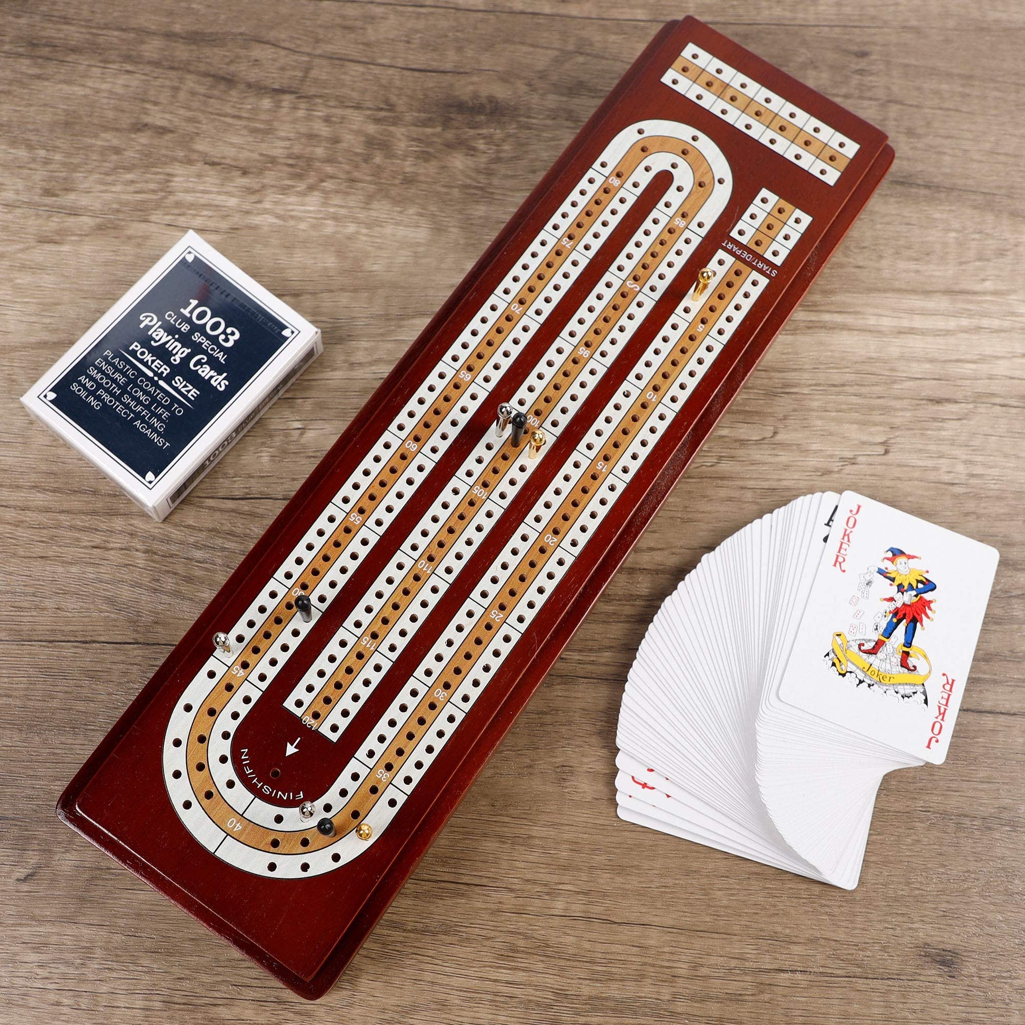 Juegoal Upgrade Wood Cribbage Board Game Set, Solid Wooden Continuous 3 Track Board with Larger Storage Area, 9 Metal Pegs and 2 Decks of Playing Cards, Travel Portable Cribbage Game Sets