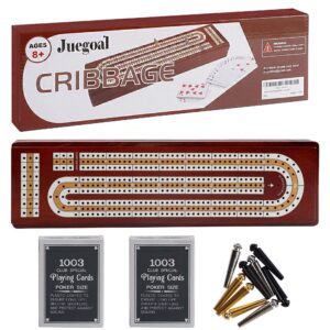 Juegoal Upgrade Wood Cribbage Board Game Set, Solid Wooden Continuous 3 Track Board with Larger Storage Area, 9 Metal Pegs and 2 Decks of Playing Cards, Travel Portable Cribbage Game Sets