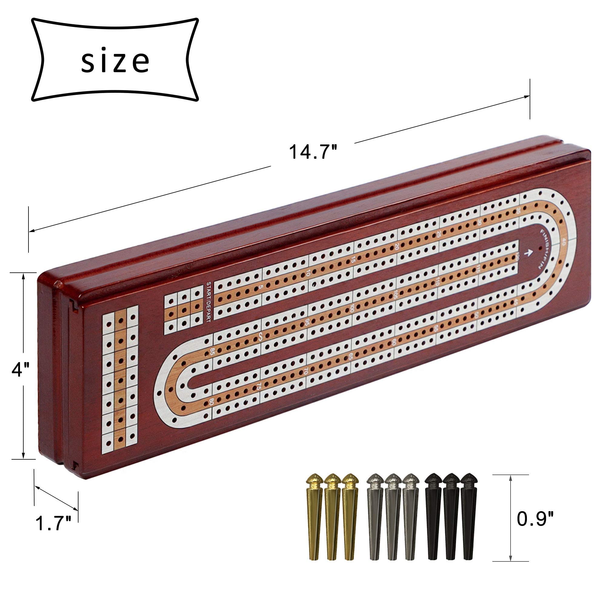 Juegoal Upgrade Wood Cribbage Board Game Set, Solid Wooden Continuous 3 Track Board with Larger Storage Area, 9 Metal Pegs and 2 Decks of Playing Cards, Travel Portable Cribbage Game Sets