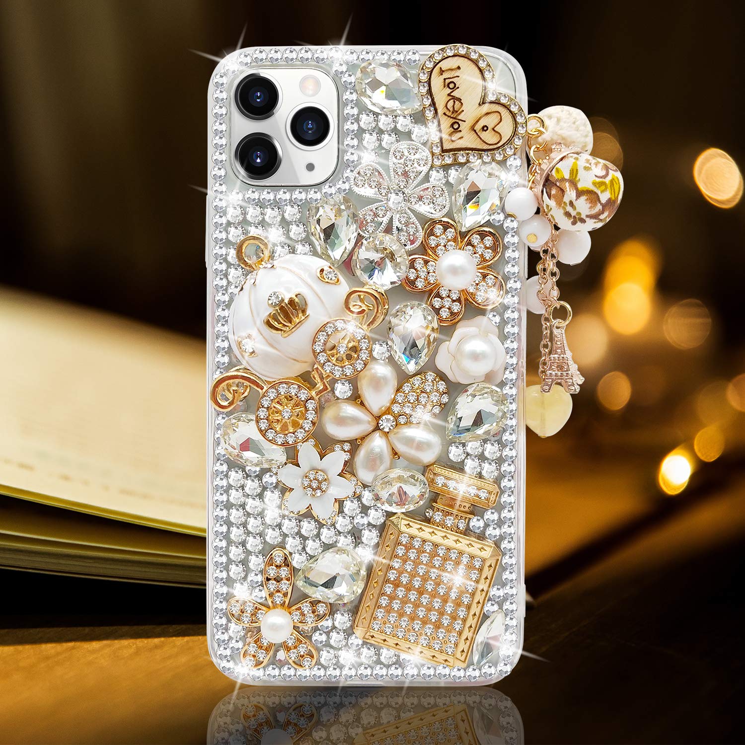 Guppy for iPhone 11 Pro Max Case Women Luxury 3D Bling Shiny Rhinestone Diamond Crystal Pearl Handmade Pendant Iron Tower Pumpkin Car Flowers Soft Protective Anti-Fall Case for iPhone 11 Pro Max