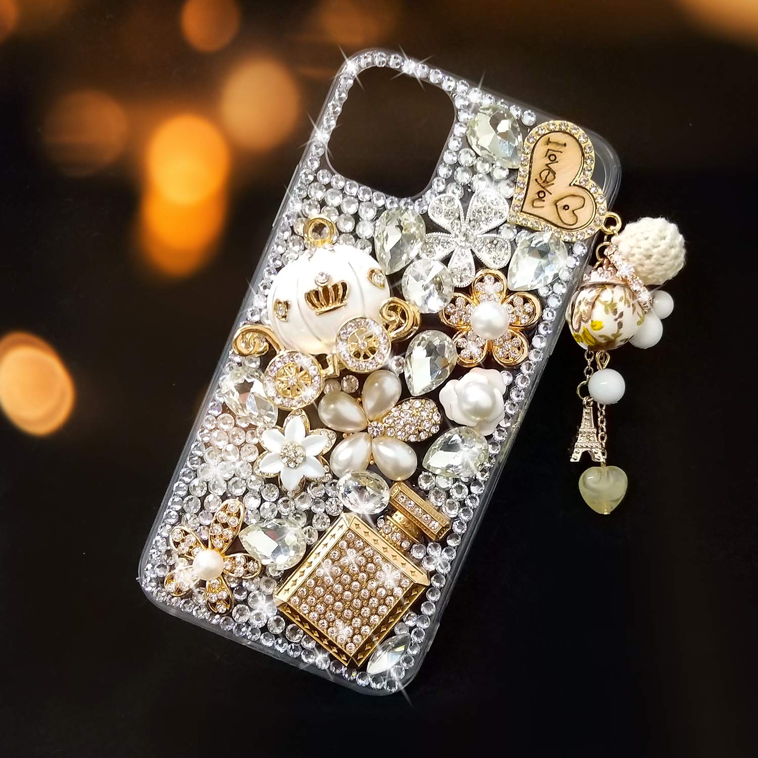 Guppy for iPhone 11 Pro Max Case Women Luxury 3D Bling Shiny Rhinestone Diamond Crystal Pearl Handmade Pendant Iron Tower Pumpkin Car Flowers Soft Protective Anti-Fall Case for iPhone 11 Pro Max