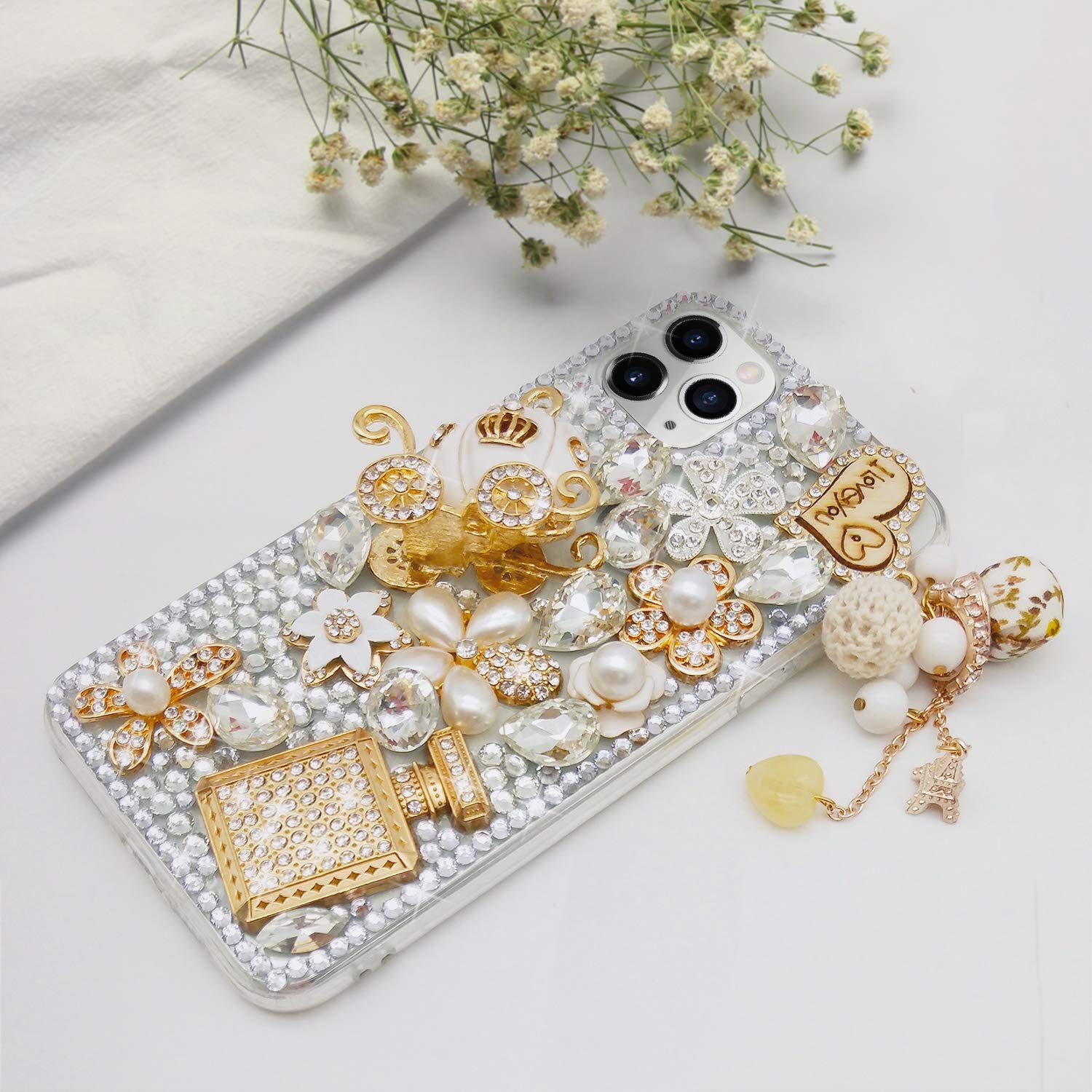 Guppy for iPhone 11 Pro Max Case Women Luxury 3D Bling Shiny Rhinestone Diamond Crystal Pearl Handmade Pendant Iron Tower Pumpkin Car Flowers Soft Protective Anti-Fall Case for iPhone 11 Pro Max