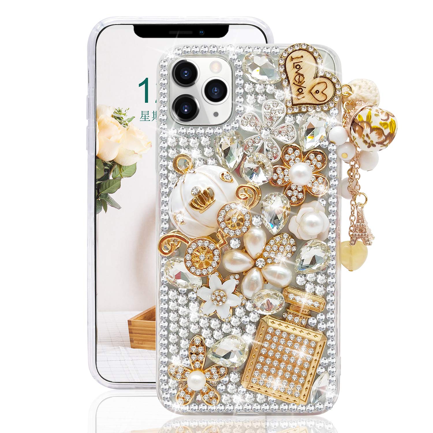 Guppy for iPhone 11 Pro Max Case Women Luxury 3D Bling Shiny Rhinestone Diamond Crystal Pearl Handmade Pendant Iron Tower Pumpkin Car Flowers Soft Protective Anti-Fall Case for iPhone 11 Pro Max