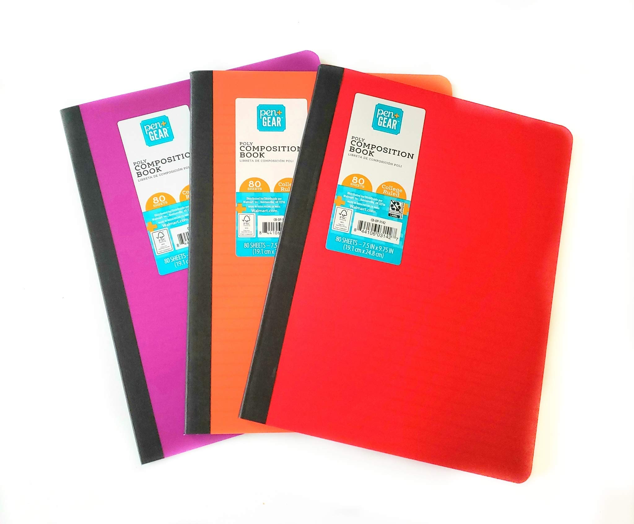 Pen + Gear Poly Composition Notebook, College Ruled, 80 Sheet - Pack of 3- Orange, Red, Purple