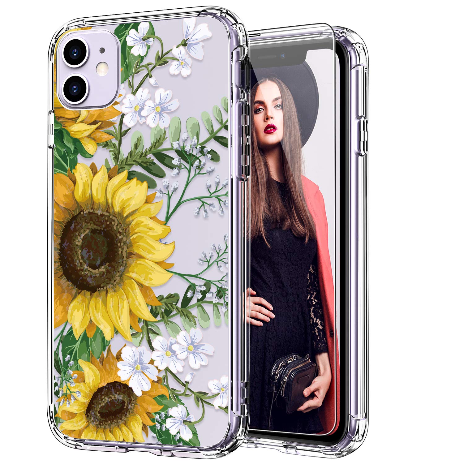 ICEDIO iPhone 11 Case with Screen Protector,Clear with Nice Sunflowers Floral Flower Patterns for Girls Women,Shockproof Slim Fit TPU Cover Protective Phone Case for Apple iPhone 11 6.1 inch