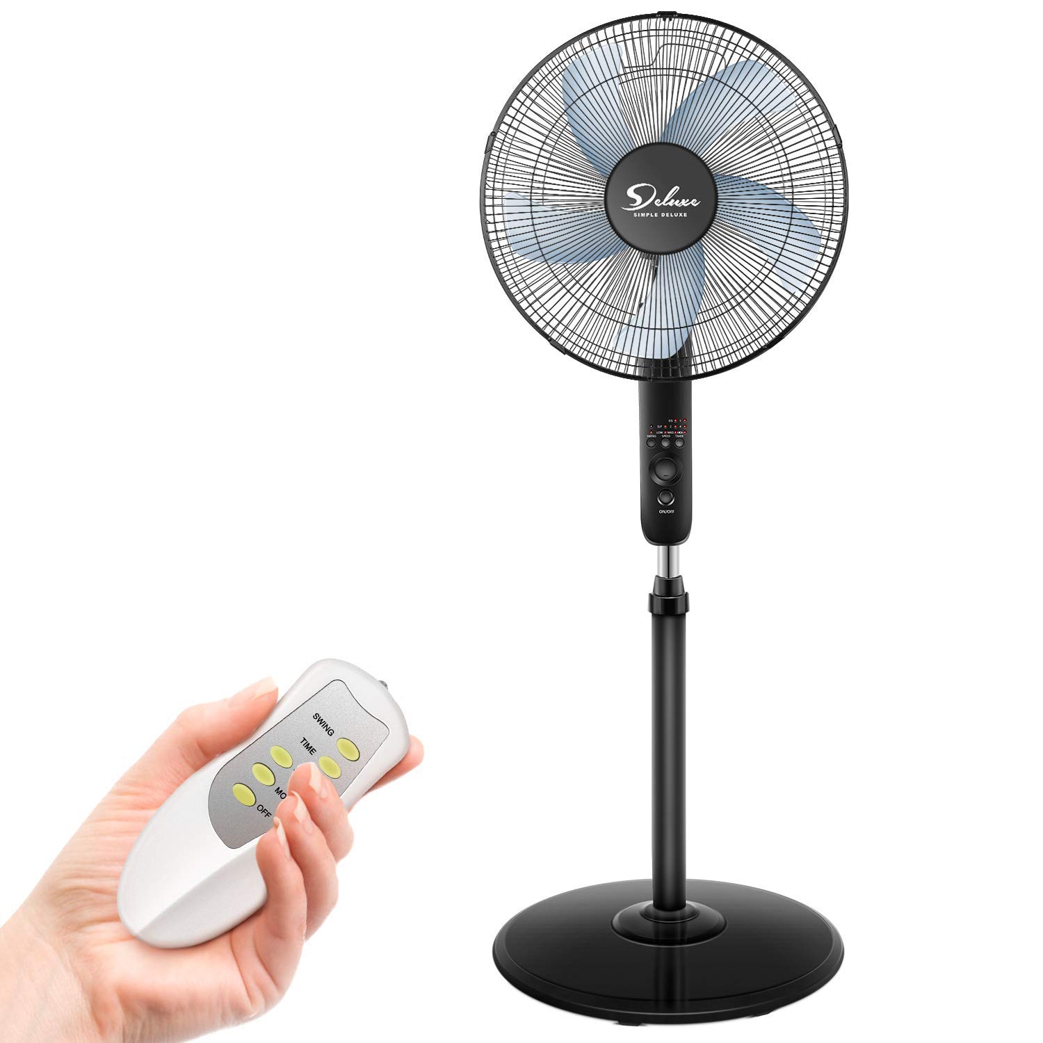 Simple Deluxe Oscillating 16″ Adjustable 3 Speed Pedestal Stand Fan with Remote Control for Indoor, Bedroom, Living Room, Home Office & College Dorm Use