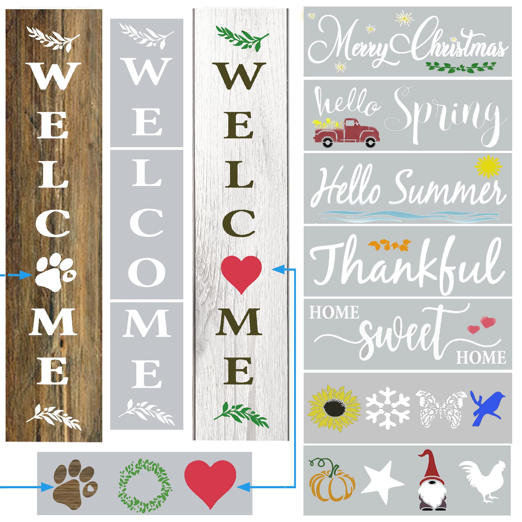 Large Welcome Stencils for Painting on Wood - Vertical Welcome Sign for Front Porch Decor - Stencils for Crafts Reusable - Farmhouse Stencils & Drawing Templates for Signs, Canvas, Walls & Art Decor