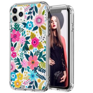 icedio for iphone 11 pro max case with screen protector,clear with cute colorful blooming floral patterns for girls women,slim fit acrylic cover protective phone case for iphone 11 pro max 6.5"