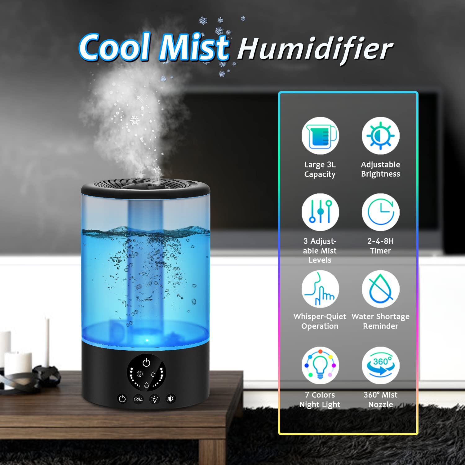 Cool Mist Humidifier, Ultrasonic Air Humidifiers for Bedroom Baby Home, 5L Top Fill Large Humidifier with LED Touch Display, Adjustable Mist Levels, Timer, Auto Shut-Off, Sleep Mode, Ultra Quiet