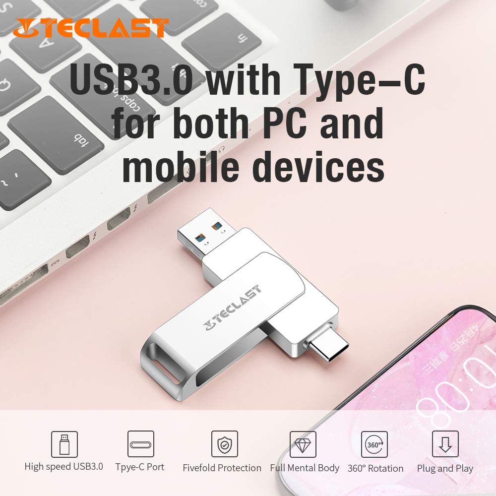 TECLAST 64GB Type-C USB3.0 Flash Drive Thin Metal U-Disk High Speed Rotated Design