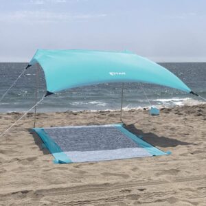 titan beach canopy sky blue sunshade with sandbag anchors and mat - 7ft x 7ft - upf 50+ - tent includes carry bag - weighs 5 pounds - portable, family sun protection for the beach, park or camping