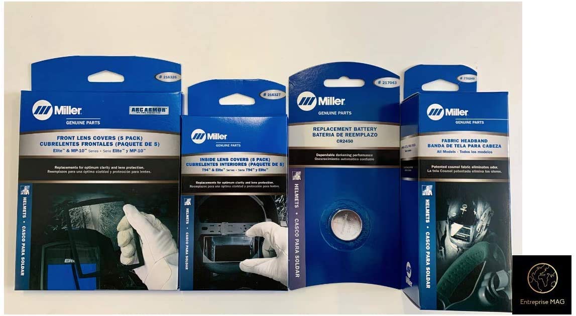 Combo Miller Electric Cover Lens Elite & MP-10 Series 216326-216327, HeadBand 770249 and 2 Replacement Batteries 217043