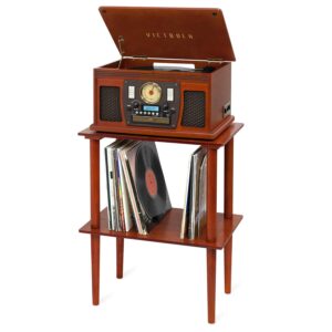 victrola 8-in-1 bluetooth record player & multimedia center, built-in stereo speakers - turntable, wireless music streaming with stand, real wood | mahogany