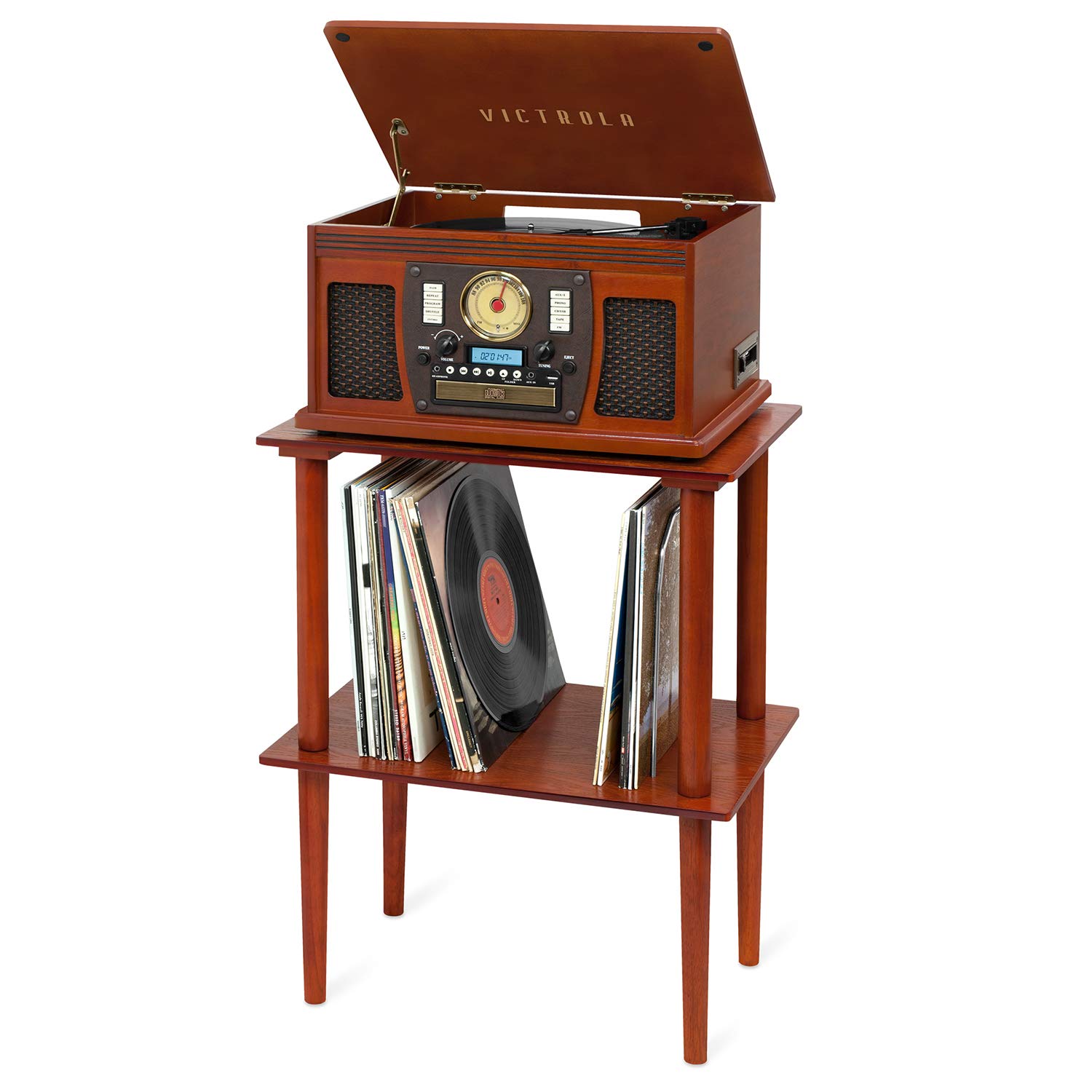 Victrola 8-in-1 Bluetooth Record Player & Multimedia Center, Built-in Stereo Speakers - Turntable, Wireless Music Streaming with Stand, Real Wood | Mahogany