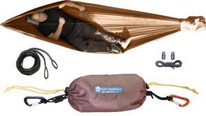 go hammock 2.0-11' long for max comfort, w/ridgeline, rapid deployment bag, carabiners & fabric tensioners (coyote brown)