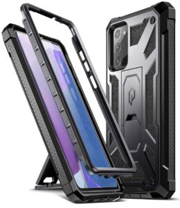 poetic spartan series for samsung galaxy note 20 case, full-body rugged dual-layer metallic color accent with premium leather texture shockproof protective cover with kickstand, gun metal