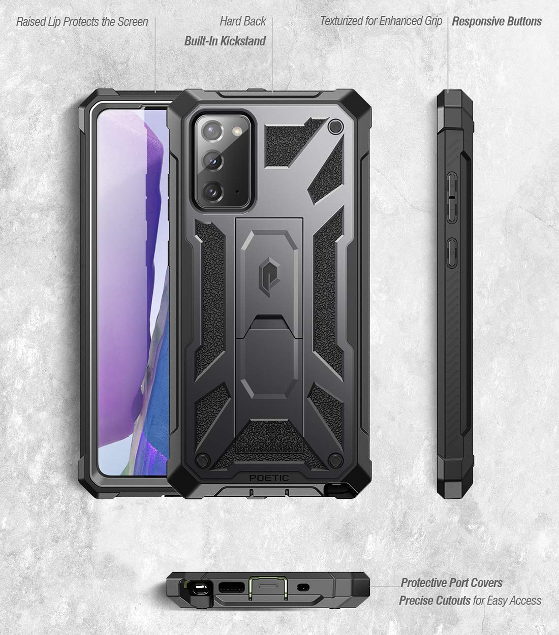 Poetic Spartan Series for Samsung Galaxy Note 20 Case, Full-Body Rugged Dual-Layer Metallic Color Accent with Premium Leather Texture Shockproof Protective Cover with Kickstand, Gun Metal