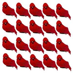 banberry designs red feathered cardinal bird ornaments - set of 20 cardinal clip-on - flocked with feathered wings and tail 3" l