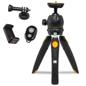 kodak mini tripod for luma 75, luma 150, luma 350 with 360° ball head, adjustable compact 9” tabletop tripod, 5-position legs, rubber feet, remote control, smartphone & action camera adapters included