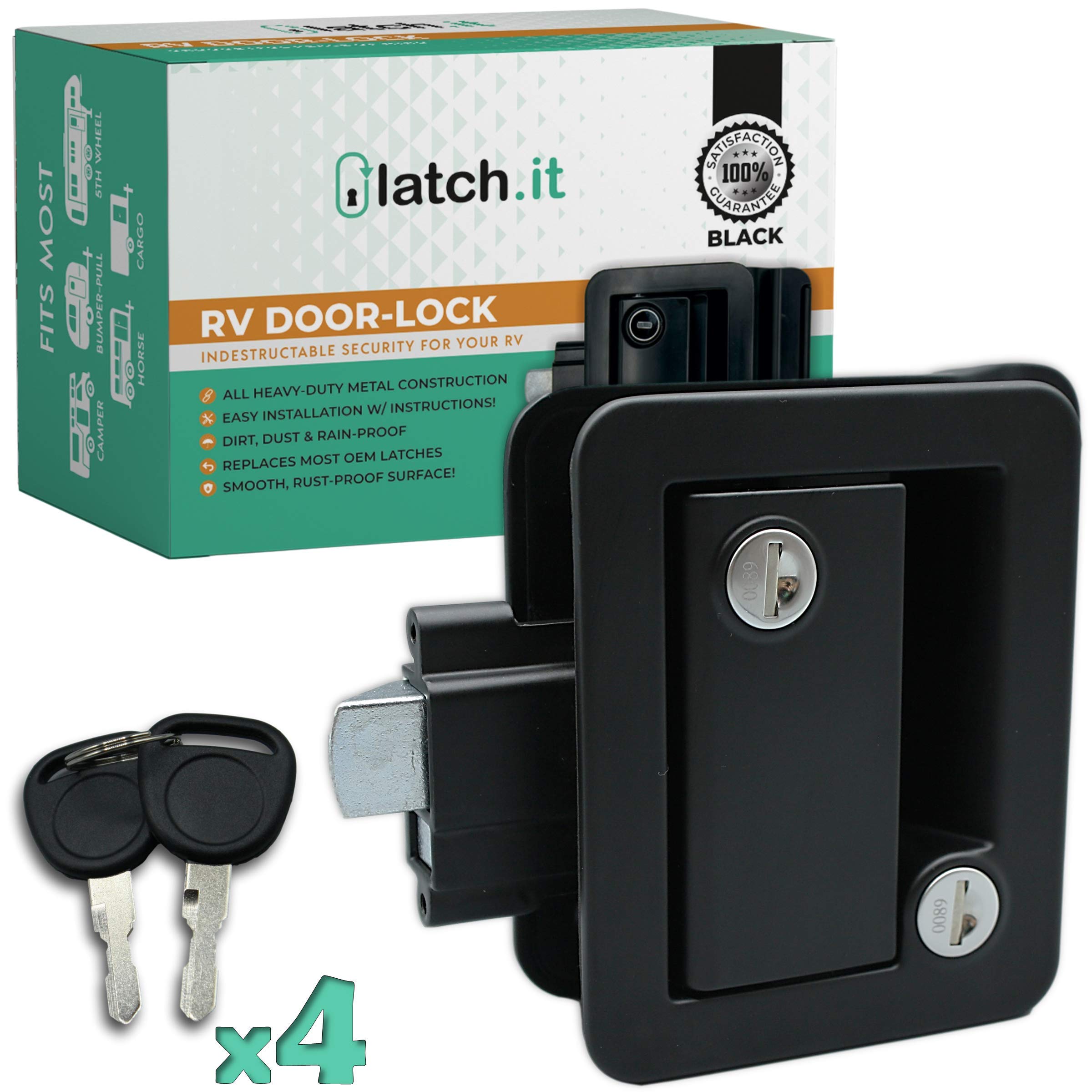 LATCH.IT Black RV Door Lock Replacement | RV Door Locks | RV Door Handle w/ 4 Keys | Camper Door Lock | Trailer Door Lock | Camper Lock Replacement | Camper Door Latch only Fits 2.75"x3.75" Lock Hole