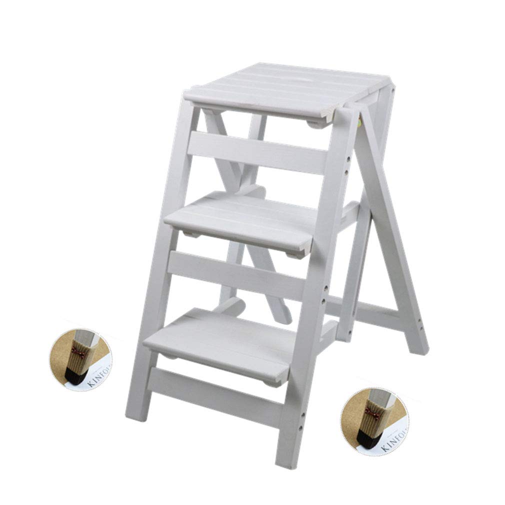 Folding Step Stool Step Ladder 3 Tier, Multi-Functional Folding Solid Wood Ladder Stool, Step Stool Household Muliti-Color Step Ladder Stool for Household and Office 330lbs,White,3Step