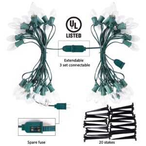 Christmas Pathway String Lights Outdoor 25.7 Feet C9 20 Clear Lights Warm White with 20 Stakes Extendable Waterproof for Outdoor Walkway Lights Driveway Christmas Lights Use UL Listed