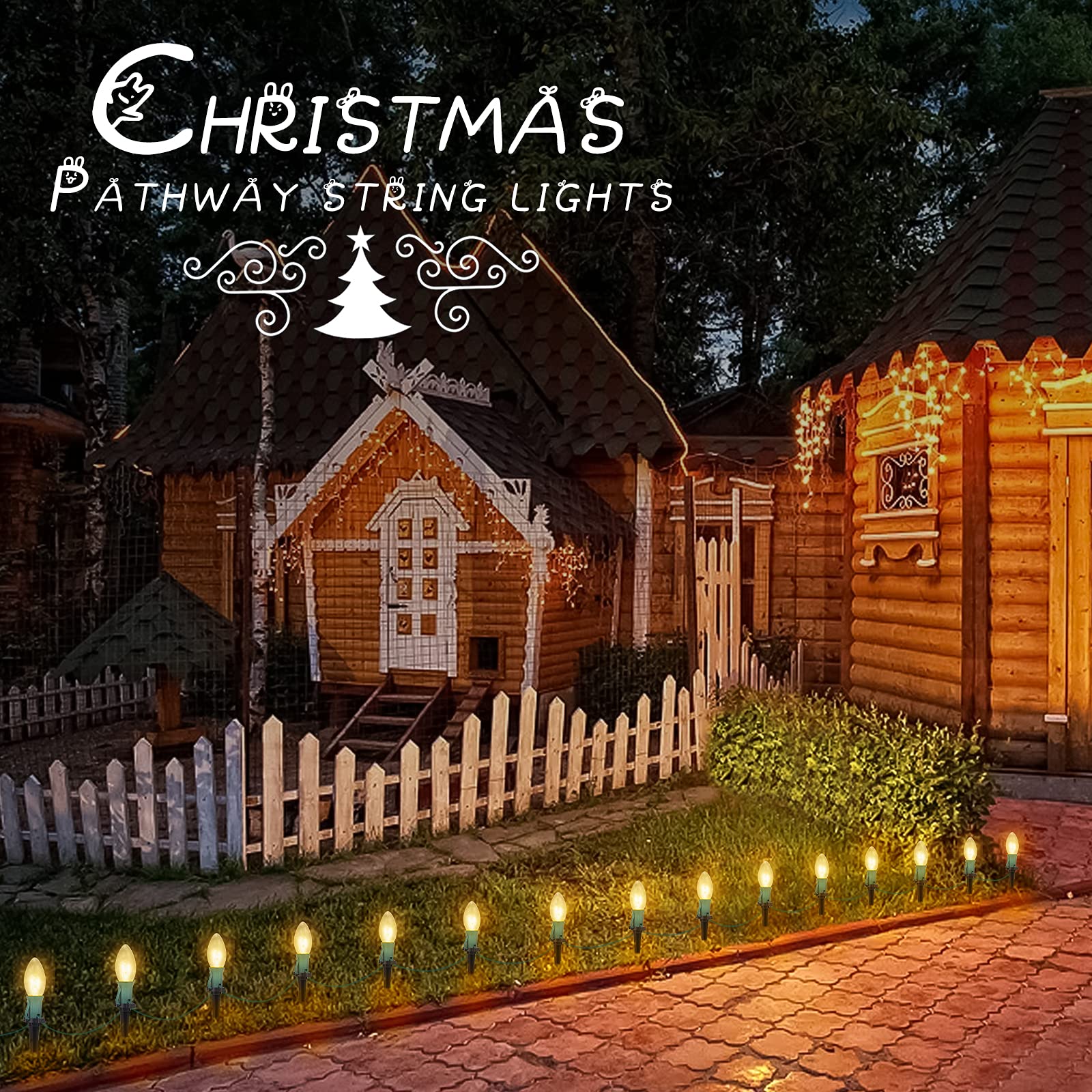 Christmas Pathway String Lights Outdoor 25.7 Feet C9 20 Clear Lights Warm White with 20 Stakes Extendable Waterproof for Outdoor Walkway Lights Driveway Christmas Lights Use UL Listed