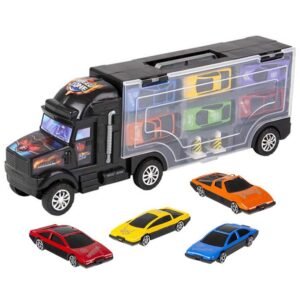 artcreativity diecast car transporter playset, includes 1 plastic carrier truck, 2 cones, and 6 small diecast cars for boys & girls, fun interactive play set, best holiday or birthday gift for kids