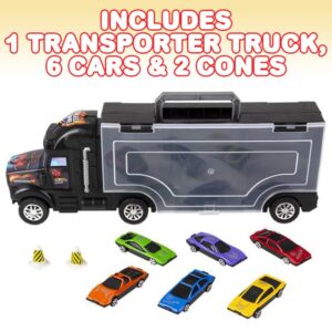 ArtCreativity Diecast Car Transporter Playset, Includes 1 Plastic Carrier Truck, 2 Cones, and 6 Small Diecast Cars for Boys & Girls, Fun Interactive Play Set, Best Holiday or Birthday Gift for Kids