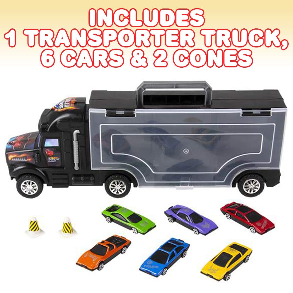 ArtCreativity Diecast Car Transporter Playset, Includes 1 Plastic Carrier Truck, 2 Cones, and 6 Small Diecast Cars for Boys & Girls, Fun Interactive Play Set, Best Holiday or Birthday Gift for Kids