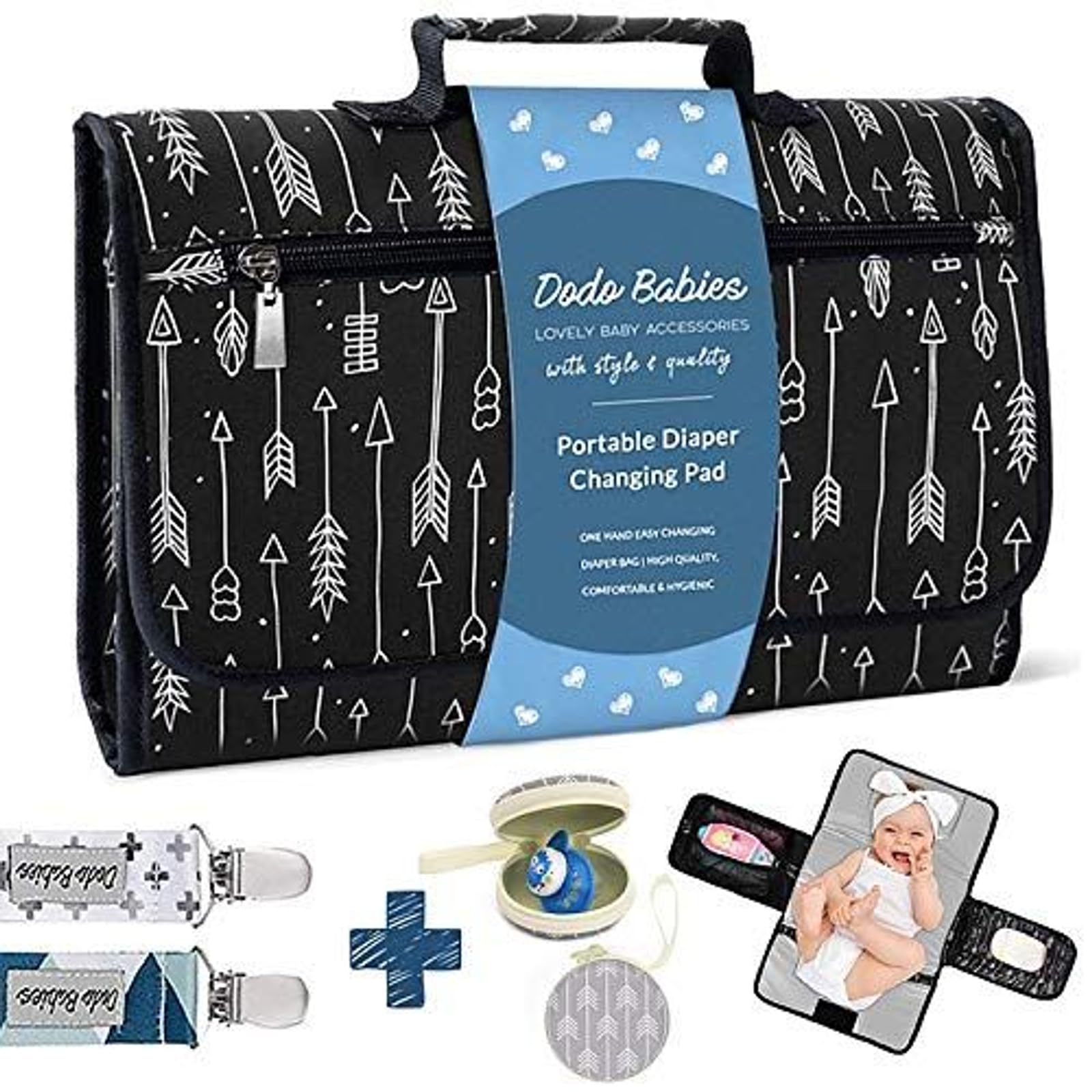 Dodo Babies Portable Diaper Changing Pad Set - Portable Waterproof Changing Mat with Memory Foam Head Pillow and Zip Storage Plus 2 Pacifier Clips and Pacifier Case