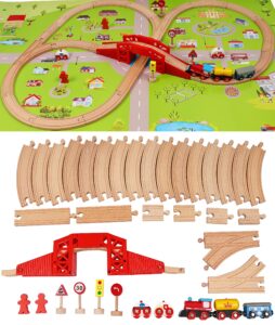 wooden train set with town map-shinington railway track construction building toys for 3 years old kids boys girls-vehicles transport wooden toys gift for toddlers 3 4 5 years old