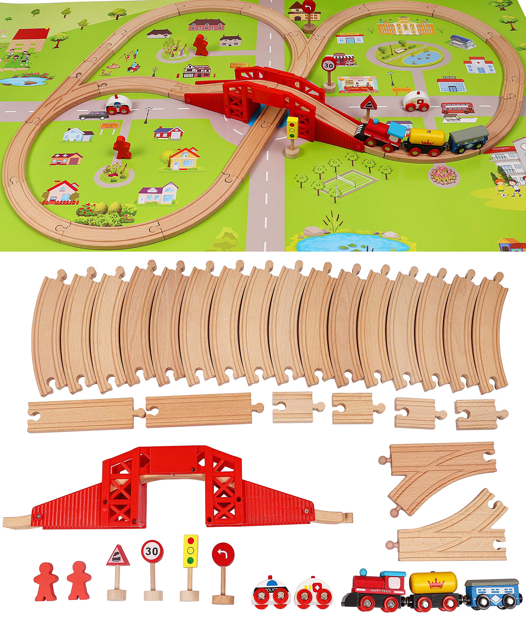 Wooden Train Set with Town Map-Shinington Railway Track Construction Building Toys for 3 Years Old Kids Boys Girls-Vehicles Transport Wooden Toys Gift for Toddlers 3 4 5 Years Old