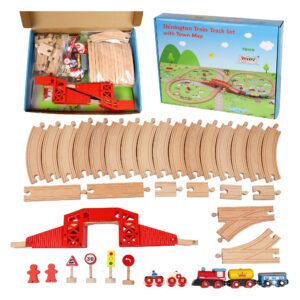 Wooden Train Set with Town Map-Shinington Railway Track Construction Building Toys for 3 Years Old Kids Boys Girls-Vehicles Transport Wooden Toys Gift for Toddlers 3 4 5 Years Old
