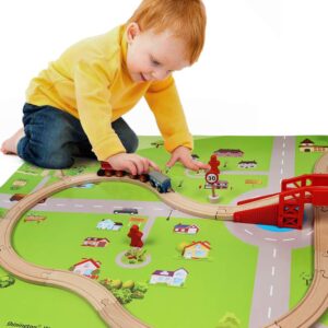 Wooden Train Set with Town Map-Shinington Railway Track Construction Building Toys for 3 Years Old Kids Boys Girls-Vehicles Transport Wooden Toys Gift for Toddlers 3 4 5 Years Old