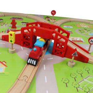 Wooden Train Set with Town Map-Shinington Railway Track Construction Building Toys for 3 Years Old Kids Boys Girls-Vehicles Transport Wooden Toys Gift for Toddlers 3 4 5 Years Old