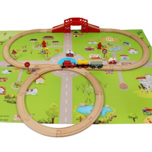 Wooden Train Set with Town Map-Shinington Railway Track Construction Building Toys for 3 Years Old Kids Boys Girls-Vehicles Transport Wooden Toys Gift for Toddlers 3 4 5 Years Old