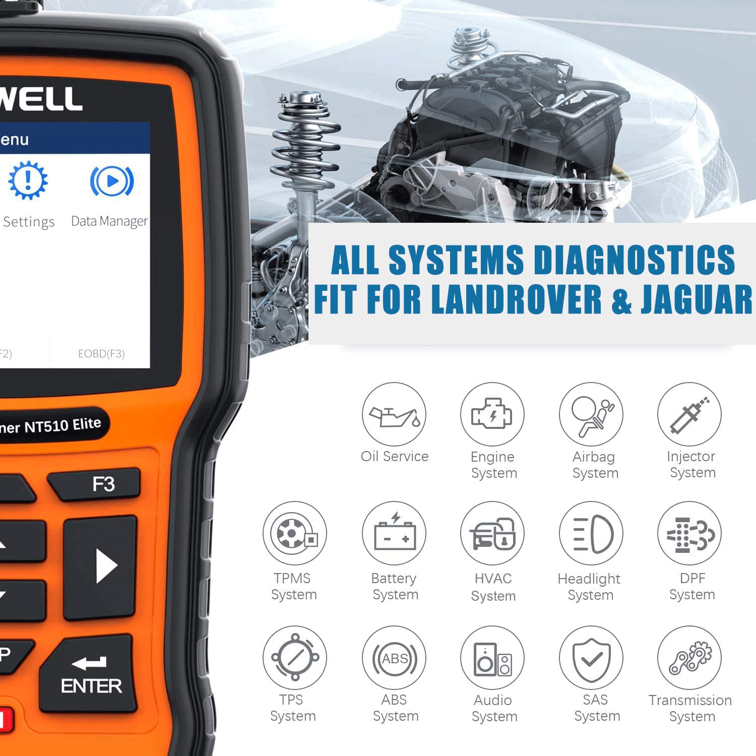 FOXWELL NT510 Elite OBD2 Scanner fit for Land Rover Jaguar Bundle with OBDII Diagnostic Box, All System, All Reset Service, ABS Auto Bleed, Bidirectional/Active Test, Car Code Scanner/Code Reader