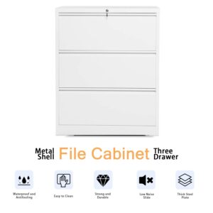 Aobabo Heavy Duty Steel 3 Drawer Anti Tilt Locking Lateral File Cabinet with 2 Keys for Office and Home Letter and Legal Size File Storage, White