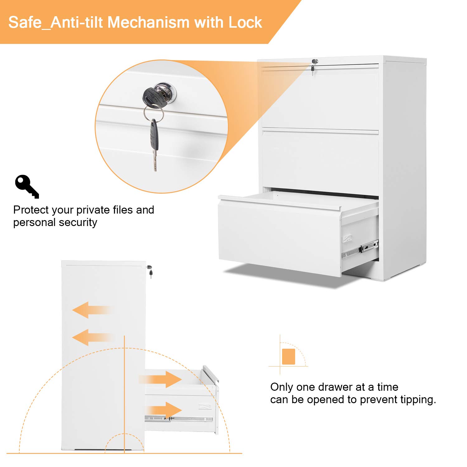 Aobabo Heavy Duty Steel 3 Drawer Anti Tilt Locking Lateral File Cabinet with 2 Keys for Office and Home Letter and Legal Size File Storage, White