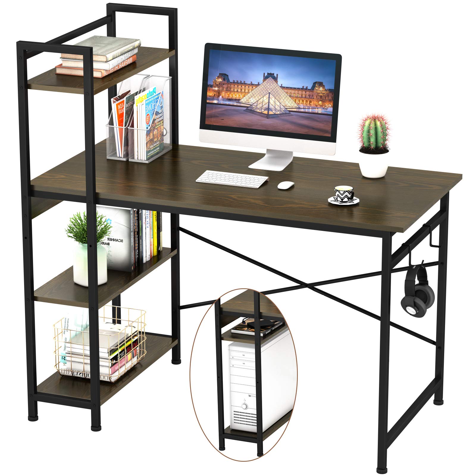 Engriy Computer Desk with 4 Tier Shelves for Home Office, 47" Writing Study Table with Bookshelf and 2 Hooks, Multipurpose Modern Wood Desk Workstation with Metal Frame for PC Laptop, Walnut Black