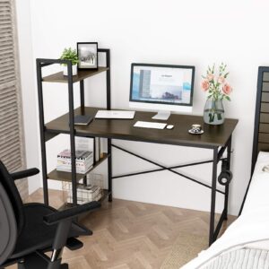 Engriy Computer Desk with 4 Tier Shelves for Home Office, 47" Writing Study Table with Bookshelf and 2 Hooks, Multipurpose Modern Wood Desk Workstation with Metal Frame for PC Laptop, Walnut Black